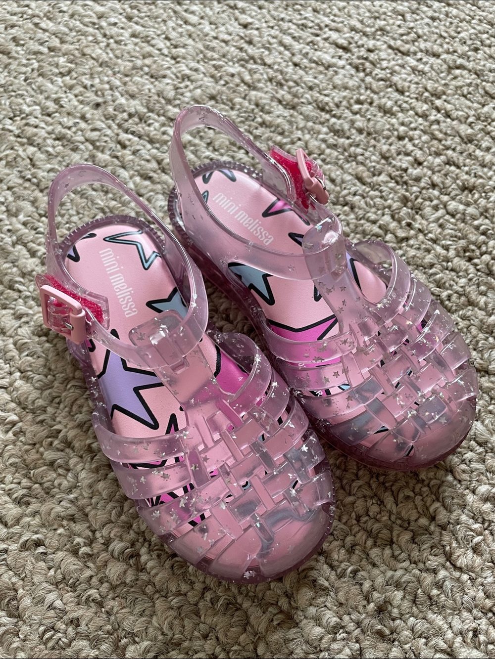 Mini Melissa Pink Glitter Jelly Sandals with Star Insole